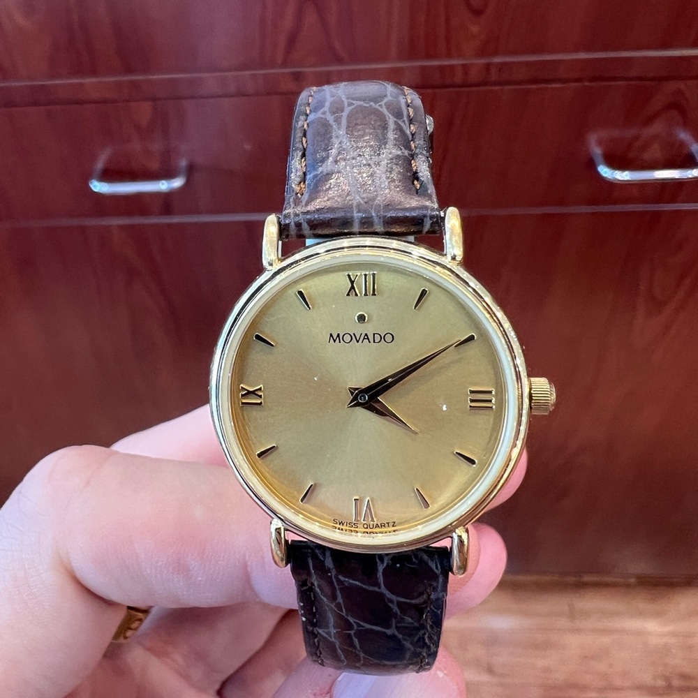 Movado Gold Watch with Brown Leather Strap
